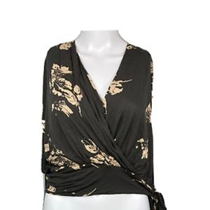 Free People Long Trumpet Sleeve Charcoal Floral Wrap Side Tie Blouse Top